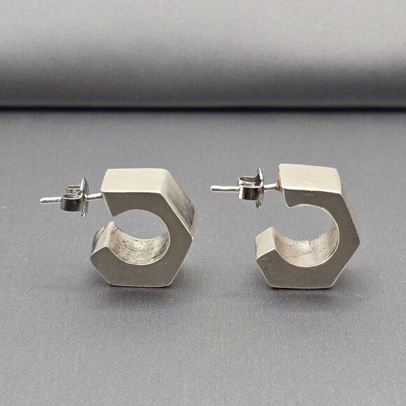 Sterling Silver Geometric C-Hoop Earrings Bold .75" Modern Hexagon Design - Picture 4 of 13